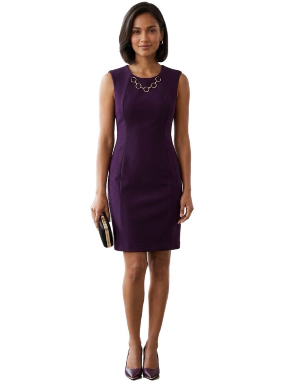 4 Calvin Klein Purple Gold Sleeveless Sheath Mini Dress Formal Business Casual